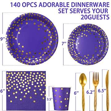 GuoZhiXin Purple and Gold Party Supplies 140 Pieces Golden Dot Disposable Party Dinnerware - Purple ...