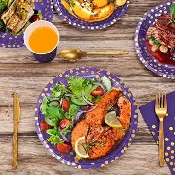GuoZhiXin Purple and Gold Party Supplies 140 Pieces Golden Dot Disposable Party Dinnerware - Purple Paper Plates Napkins Cups, Gold Plastic Forks Knives Spoons for Baby Shower, Wedding, Graduation