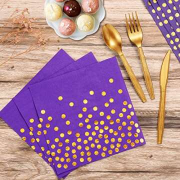 GuoZhiXin Purple and Gold Party Supplies 140 Pieces Golden Dot Disposable Party Dinnerware - Purple Paper Plates Napkins Cups, Gold Plastic Forks Knives Spoons for Baby Shower, Wedding, Graduation