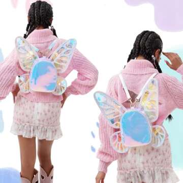 ENJOININ Women's Laser Holographic Backpack Butterfly Angel Wings Casual Daypack Shoulder Bag (Laser Light Blue)