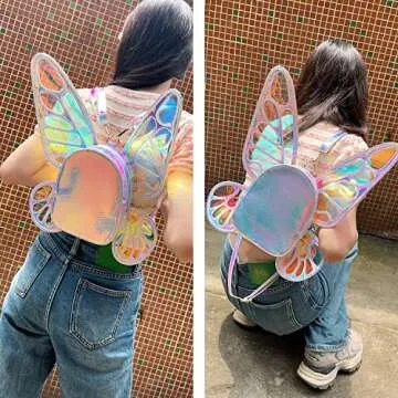 ENJOININ Women's Laser Holographic Backpack Butterfly Angel Wings Casual Daypack Shoulder Bag (Laser Light Blue)