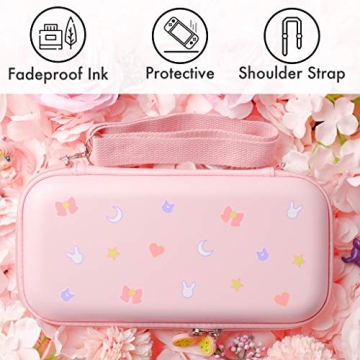 BelugaDesign Moon Switch Carrying Case | Pastel Hard Travel Shell Compatible with Nintendo Switch Standard Lite OLED | Cute Moon Silhouette Heart Magic Bow Design (Pink)