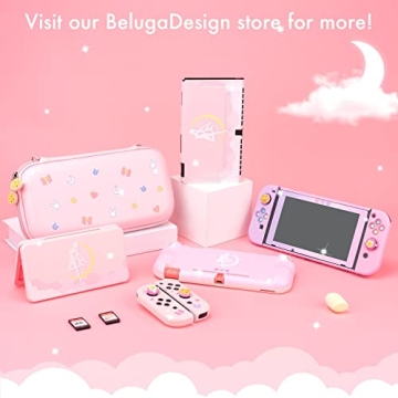 BelugaDesign Moon Switch Carrying Case | Pastel Hard Travel Shell Compatible with Nintendo Switch Standard Lite OLED | Cute Moon Silhouette Heart Magic Bow Design (Pink)
