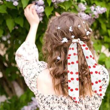 GERINLY Sweet Cherry Narrow Neckerchief Silk Feel Decorative Purse Scarf Chic Ribbon Hair Scarf Acce...