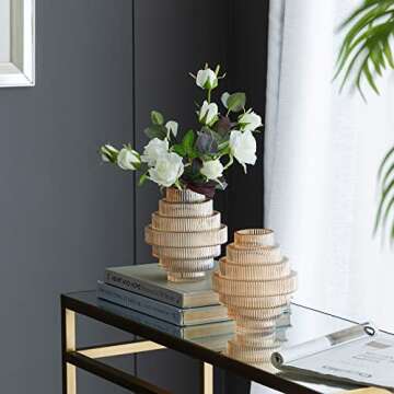 A&B Home Amber Fluted Geometric Vase Set - Set of 2 Small Tiered Decorative Glass Vase, Tabletop Hom...