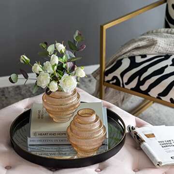 A&B Home Amber Fluted Geometric Vase Set - Set of 2 Small Tiered Decorative Glass Vase, Tabletop Home Decor, Bedroom Living Room Accent Piece Entryway Console Table Sideboard Flower Vase, 6" x 6" x 7"