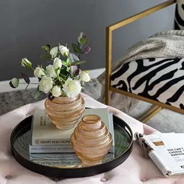 A&B Home Amber Fluted Geometric Vase Set - Set of 2 Small Tiered Decorative Glass Vase, Tabletop Home Decor, Bedroom Living Room Accent Piece Entryway Console Table Sideboard Flower Vase, 6" x 6" x 7"