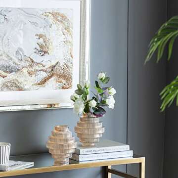 A&B Home Amber Fluted Geometric Vase Set - Set of 2 Small Tiered Decorative Glass Vase, Tabletop Home Decor, Bedroom Living Room Accent Piece Entryway Console Table Sideboard Flower Vase, 6" x 6" x 7"