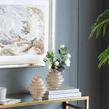 A&B Home Amber Fluted Geometric Vase Set - Set of 2 Small Tiered Decorative Glass Vase, Tabletop Home Decor, Bedroom Living Room Accent Piece Entryway Console Table Sideboard Flower Vase, 6" x 6" x 7"