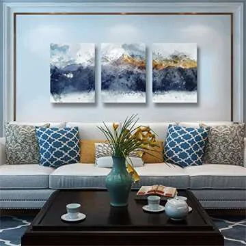 Youshion Art Abstract Canvas Wall Art for Living Room Modern Navy Blue Abstract Mountains Print Poster Picture Artworks for Bedroom Bathroom Kitchen Wall Decor 3 Pieces 12" X 16" Ready to Hang