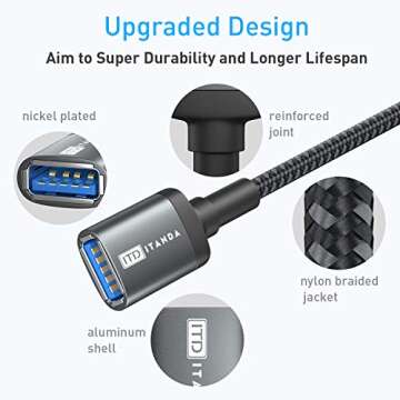 ITD ITANDA 10FT USB Extension Cable USB 3.0 Extension Cord Type A Male to Female5Gbps Data Transfer for Keyboard, Mouse, Playstation, Xbox, Flash Drive, Printer, Camera and More