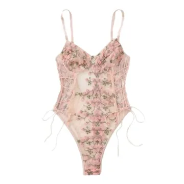 Lilosy Women's Sexy Lace-Up Floral Embroidered Teddy Babydoll Lingerie