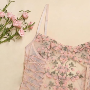 Lilosy Floral Embroidered Teddy Babydoll Lingerie Pink Small