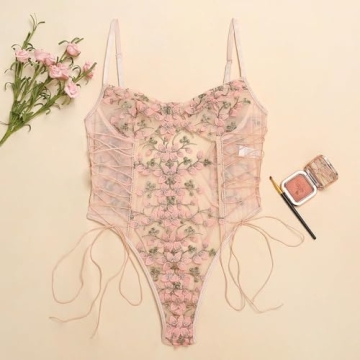Lilosy Floral Embroidered Teddy Babydoll Lingerie Pink Small