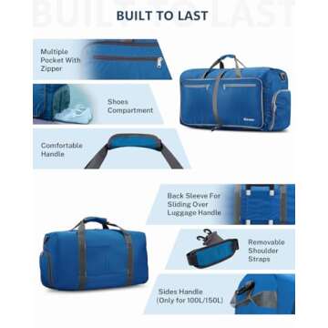 Gonex 40L Packable Travel Duffle Bag for Boarding Airline, Lightweight Foldable Gym Duffle Water Repellent & Tear Resistant Deep Blue