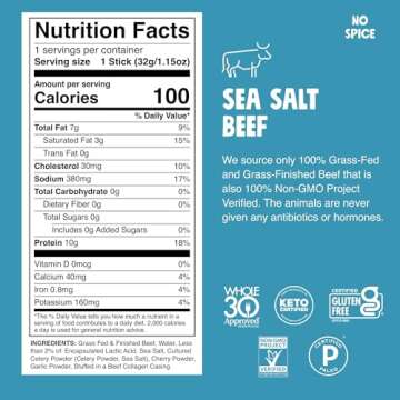 CHOMPS Grass Fed Sea Salt Beef Jerky Snack Sticks, Keto, Whole30, Paleo, Gluten Free, Sugar Free, Lo...