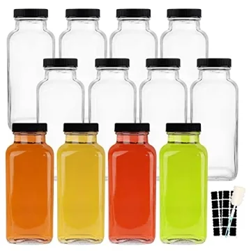 HINGWAH 12 OZ Glass Drink Bottles, Set of 12 Vintage Water Bottles with Lids, Ideal for Juices, Milk...