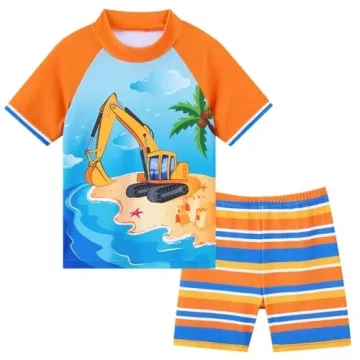 Boys Two Piece Truck Swimsuit Set - Quick Dry Rash Guard & Trunks