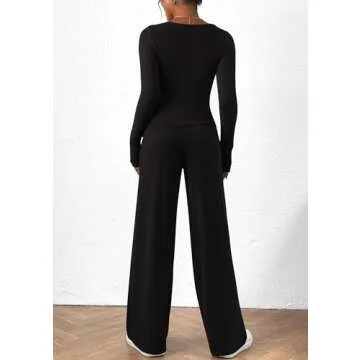 PRETTYGARDEN Women's 2 Piece Lounge Sets Asymmetrical Long Sleeve T Shirt Wide Leg Pants Casual Outf...