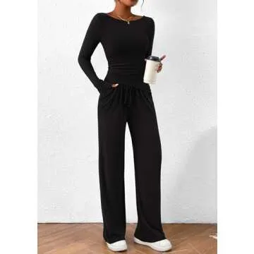 PRETTYGARDEN Women's 2 Piece Lounge Sets Asymmetrical Long Sleeve T Shirt Wide Leg Pants Casual Outfits Tracksuit (Black,Medium)