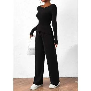 PRETTYGARDEN Women's 2 Piece Lounge Sets Asymmetrical Long Sleeve T Shirt Wide Leg Pants Casual Outfits Tracksuit (Black,Medium)