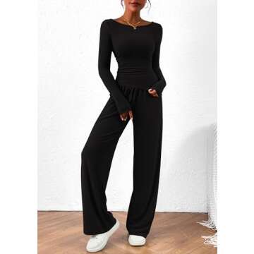 PRETTYGARDEN Women's 2 Piece Lounge Sets Asymmetrical Long Sleeve T Shirt Wide Leg Pants Casual Outfits Tracksuit (Black,Medium)