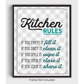 Teal Blue Retro Kitchen Rules Wall Art Print - 8x10 UNFRAMED Gray, Teal Blue & White Funny Kitchen P...