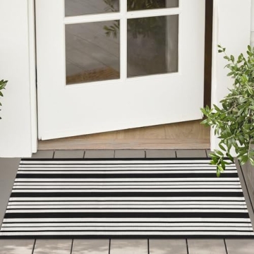 KOZYFLY Black and White Striped Doormat 2x3 Ft Small Area Rug Cotton Front Porch Rug Washable Outdoo...