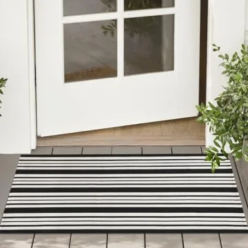 KOZYFLY Black and White Striped Doormat 2x3 Ft Small Area Rug Cotton Front Porch Rug Washable Outdoo...