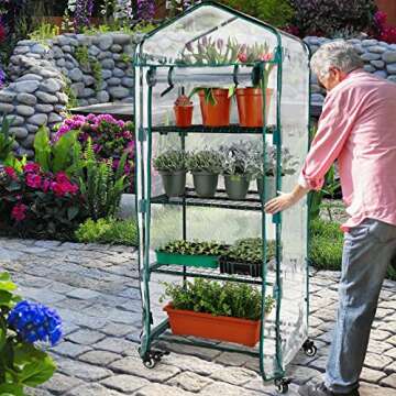 Worth Garden Upgraded 4 Tier Mini Greenhouse w/ Castors Wheels - Portable Small Gardening Green House w/ Clear PVC Cover - Heavy Duty Swivel Castors w/ Brakes - 65''H x 27''L x 19''W Indoor & Outdoor