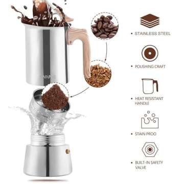 Sivaphe4 cups Stainless Steel Stovetop Espresso Coffee Maker | Induction Support 10 oz Intalian Moka Pot | Durable Cuban Coffee Maker 200ml(1 Cup=50ml)