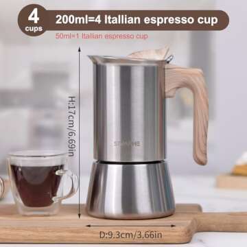 Sivaphe4 cups Stainless Steel Stovetop Espresso Coffee Maker | Induction Support 10 oz Intalian Moka Pot | Durable Cuban Coffee Maker 200ml(1 Cup=50ml)