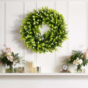 REALIFE 20" Boxwood Wreath Decorations for Home Artificial Wreath for Front Door Wreath with Gypsophila for Valentine Thanksgiving Wedding Party Decorations Wreath Outdoor and Indoor Fall Wreath