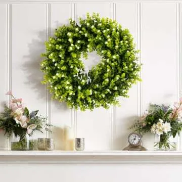 REALIFE 20" Boxwood Wreath Decorations for Home Artificial Wreath for Front Door Wreath with Gypsophila for Valentine Thanksgiving Wedding Party Decorations Wreath Outdoor and Indoor Fall Wreath