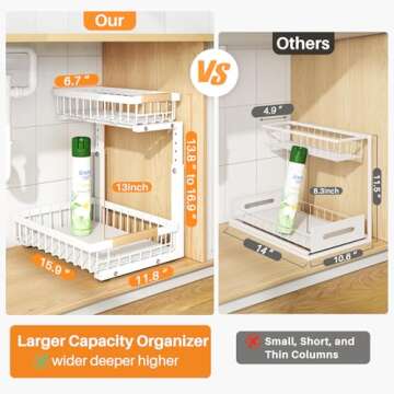 PXRACK 2 Pack Under Sink Organizer,Adjustable Height,2 Tier Pull Out Under Cabinet Organizer,Slide O...