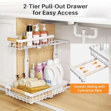 PXRACK 2 Pack Under Sink Organizer,Adjustable Height,2 Tier Pull Out Under Cabinet Organizer,Slide Out Thickened Metal Under Sink Storage for Kitchen Bathroom Laundry Cabinet Pantry,White