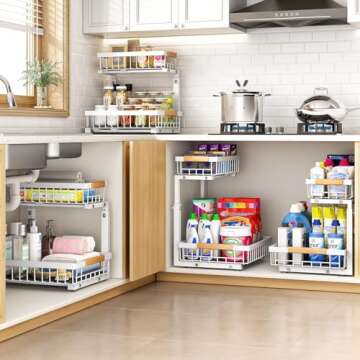 PXRACK 2 Pack Under Sink Organizer,Adjustable Height,2 Tier Pull Out Under Cabinet Organizer,Slide Out Thickened Metal Under Sink Storage for Kitchen Bathroom Laundry Cabinet Pantry,White