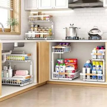 PXRACK 2 Pack Under Sink Organizer,Adjustable Height,2 Tier Pull Out Under Cabinet Organizer,Slide Out Thickened Metal Under Sink Storage for Kitchen Bathroom Laundry Cabinet Pantry,White