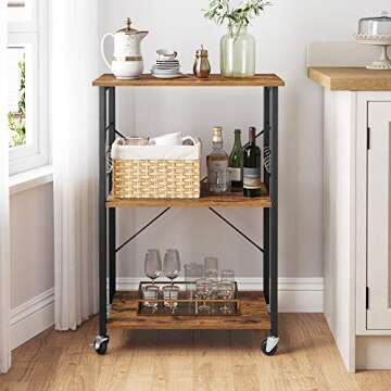 VASAGLE Kitchen Shelf on Wheels, Serving Cart with 3 Shelves, Kitchen Cart, Microwave Shelf, for Min...