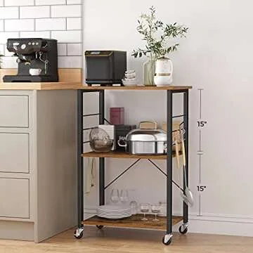 VASAGLE Kitchen Shelf on Wheels, Serving Cart with 3 Shelves, Kitchen Cart, Microwave Shelf, for Mini Oven, Toaster, with 6 Hooks, Industrial Style, Rustic Brown and Black UKKS60XV1