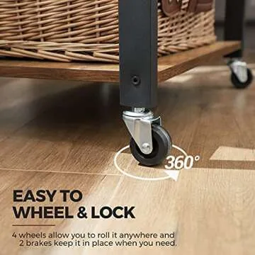 VASAGLE Kitchen Shelf on Wheels, Serving Cart with 3 Shelves, Kitchen Cart, Microwave Shelf, for Mini Oven, Toaster, with 6 Hooks, Industrial Style, Rustic Brown and Black UKKS60XV1