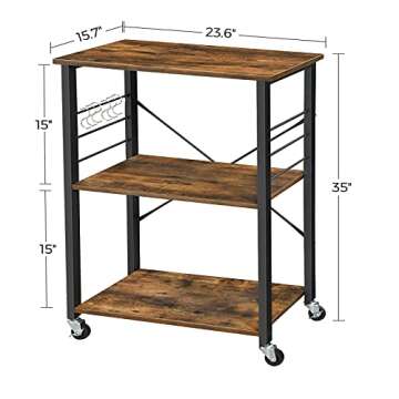 VASAGLE Kitchen Shelf on Wheels, Serving Cart with 3 Shelves, Kitchen Cart, Microwave Shelf, for Mini Oven, Toaster, with 6 Hooks, Industrial Style, Rustic Brown and Black UKKS60XV1