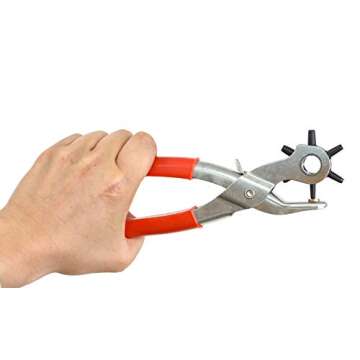 Leather Hole Punch Tool Set Heavy Duty 6 Size Revolving Leather Belt Hand Hole Puncher for Belts, Watch Bands, Straps, Dog Collars, Saddles, Shoes, Fabric, DIY Home or Craft Projects (9'', Silver/Red)