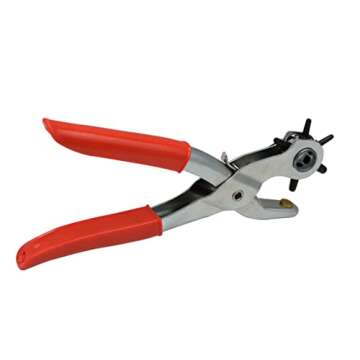 Leather Hole Punch Tool Set Heavy Duty 6 Size Revolving Leather Belt Hand Hole Puncher for Belts, Watch Bands, Straps, Dog Collars, Saddles, Shoes, Fabric, DIY Home or Craft Projects (9'', Silver/Red)