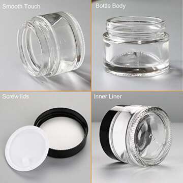 Encheng 15Pack of 2 oz Clear Round Glass Jars, with Inner Liners and Lids, Empty Cosmetic Containers,Cream jars