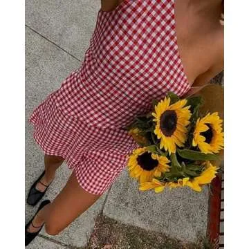 Seyurigaoka Women Y2k 2 Piece Lace Shorts Set Sleeveless V Neck Cami Top with Shorts Pajamas Sets Sleepwear(one shoulder gingham red,Medium)