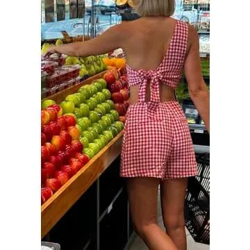 Seyurigaoka Women Y2k 2 Piece Lace Shorts Set Sleeveless V Neck Cami Top with Shorts Pajamas Sets Sleepwear(one shoulder gingham red,Medium)