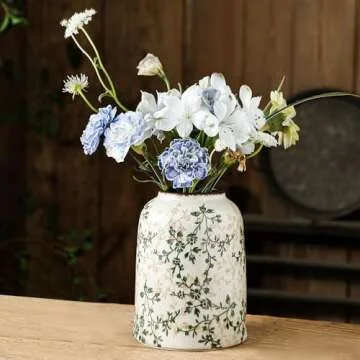 Green Vintage Vase, Chinoiserie Floral Vase, Retro Ice Cracked Ceramic Large Vases for Home Decor, Living Room, Bookshelf, Office, Grand Millennial Decor, Chinoiserie Decor, Tuscan Decor 7.8 Inch