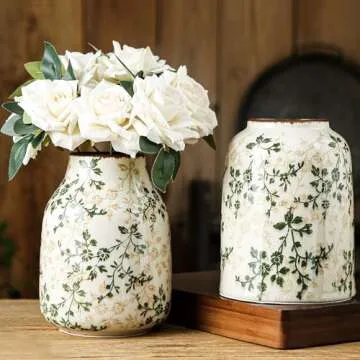 Green Vintage Vase, Chinoiserie Floral Vase, Retro Ice Cracked Ceramic Large Vases for Home Decor, Living Room, Bookshelf, Office, Grand Millennial Decor, Chinoiserie Decor, Tuscan Decor 7.8 Inch