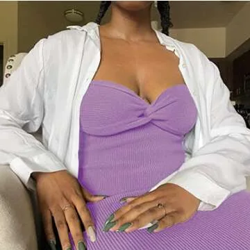 Sdencin Women Sexy Twist Knot Front Ribbed Knit Bodycon Bandeau Tube Dress Casual Solid Strapless Maxi Long Dress(S US Women,Purple)